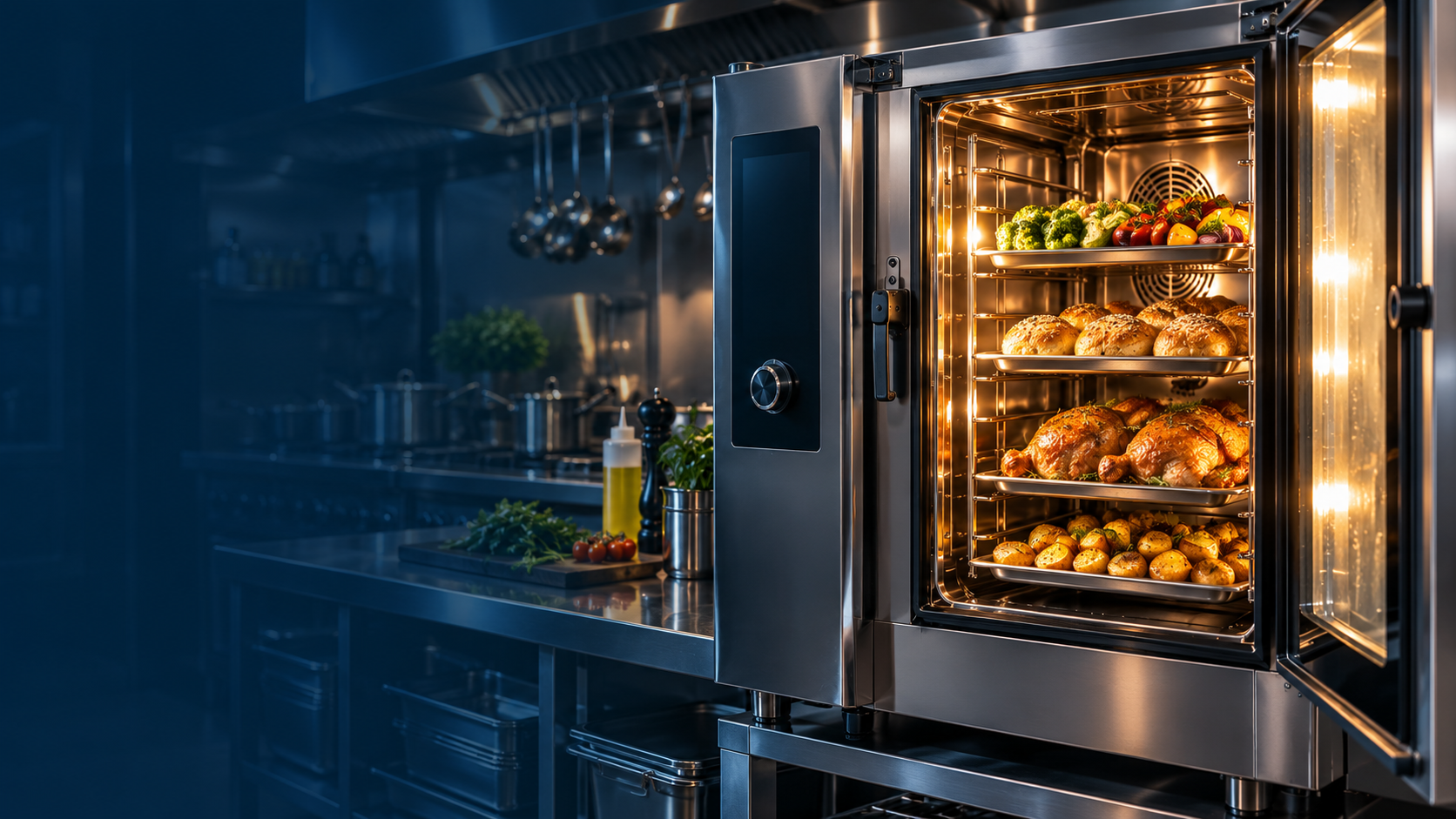 Commercial combi oven in a professional kitchen for CEMCO catering equipment service